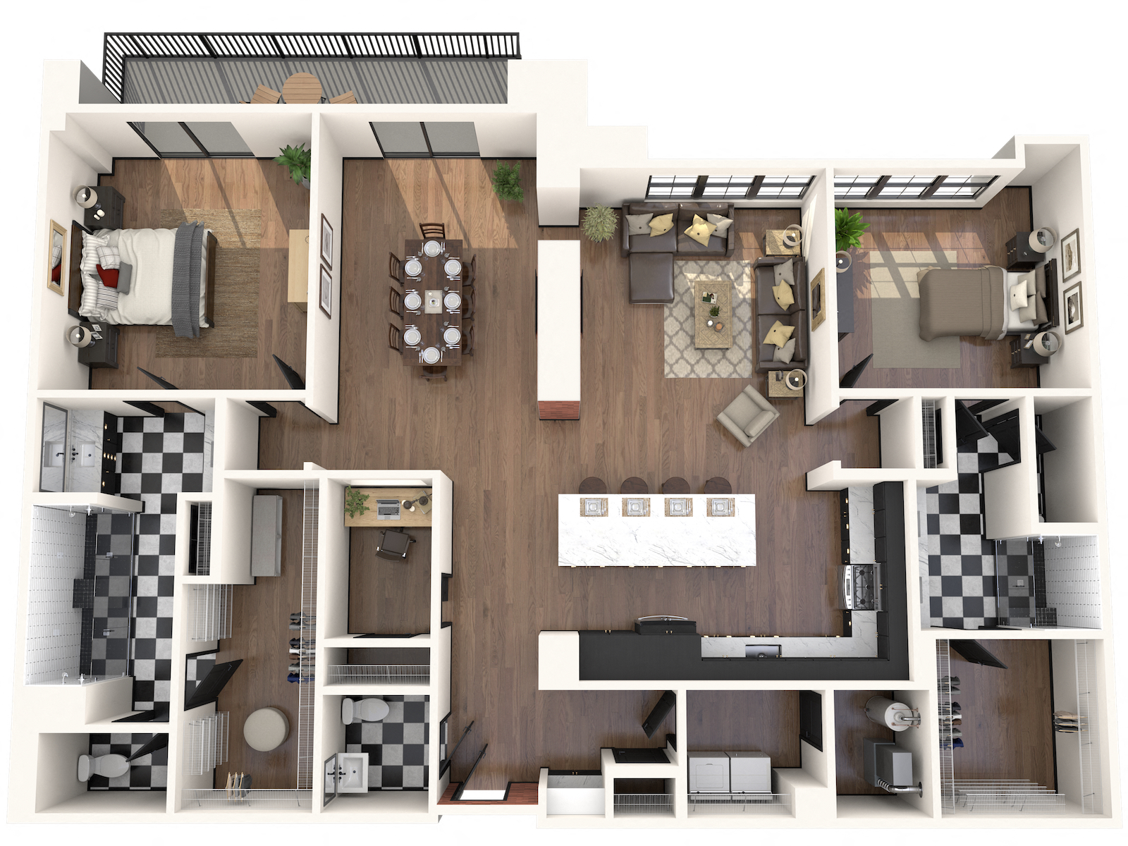 Floor plan for 2 beds, 3 baths, 2088 sqft